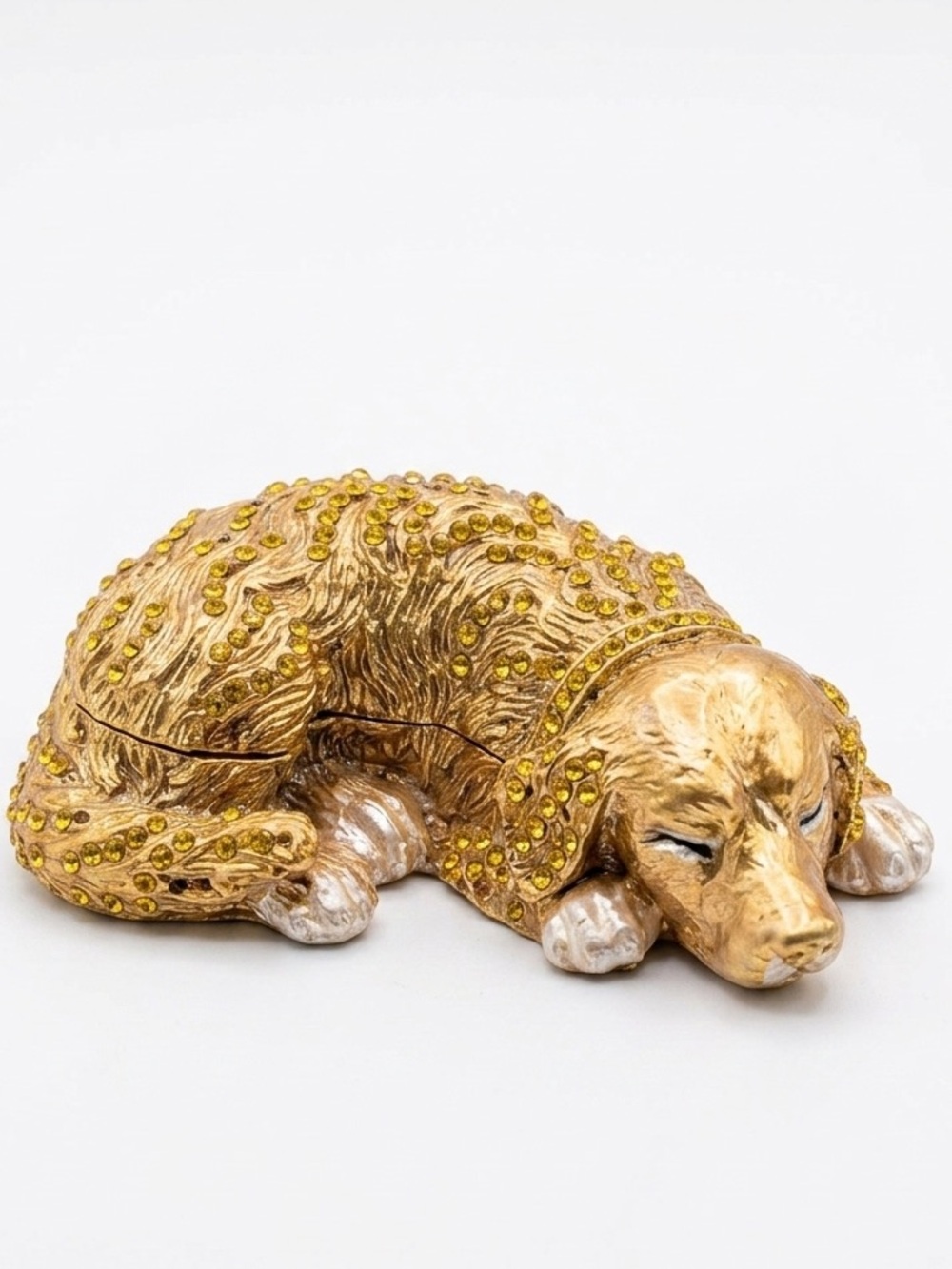 Vintage Golden Sleeping Dog Enamel Rhinestone Hinged Trinket Box Figurine